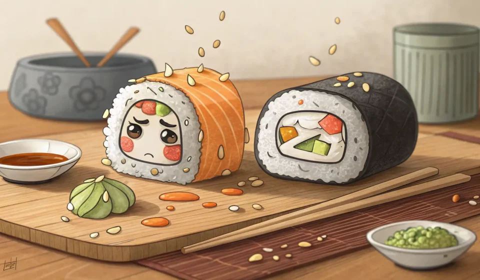 How to Joke About a Failed Sushi Attempt in Korean Stylized illustration contrasting a funny, messy homemade sushi roll with a perfect one, symbolizing...