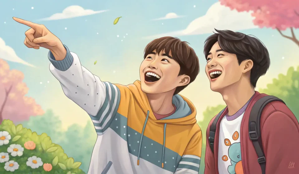 Joking About a DIY Bike Repair Fail in Korean Illustration showing two Korean friends laughing together over a failed home bike tire repair attemp...