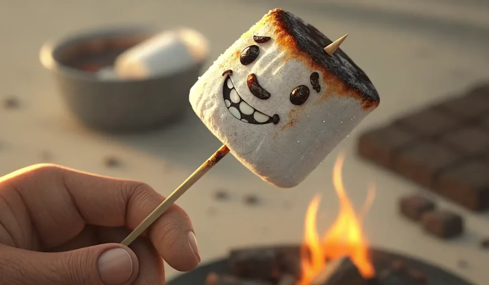Joking About a Marshmallow Mishap in Korean Illustration of a hilariously burnt marshmallow on a skewer held indoors, representing a cooking fai...