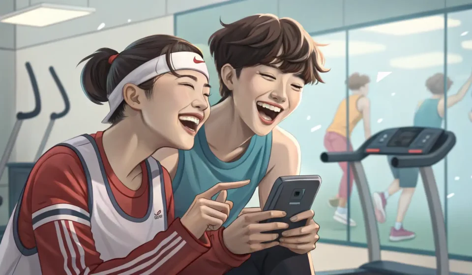 Joking About a Bad Workout Playlist in Korean Two Korean friends in a gym laughing while looking at a smartphone displaying a music playlist, illu...