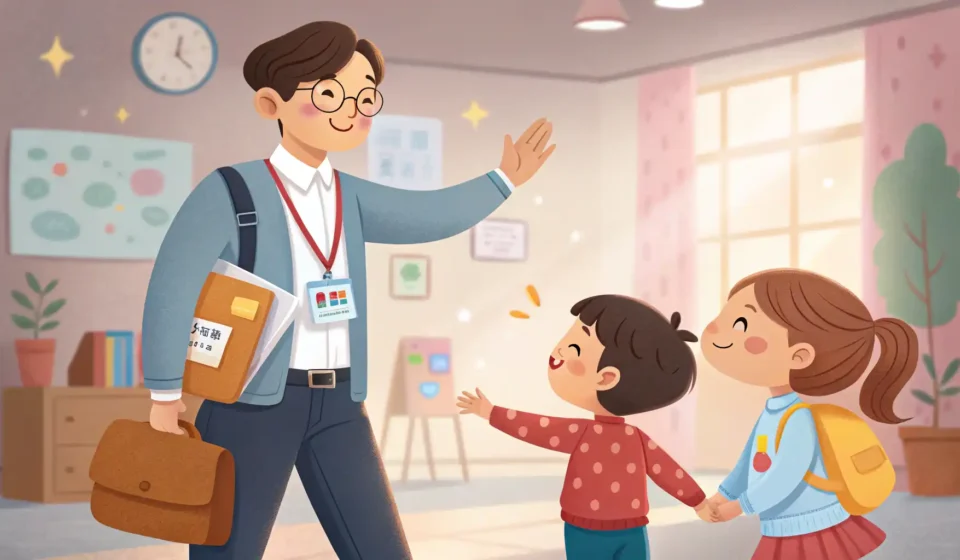 How to Register for Kindergarten or Daycare in Korean Illustration depicting a Korean teacher greeting a parent and child at the entrance of a cheerful ki...