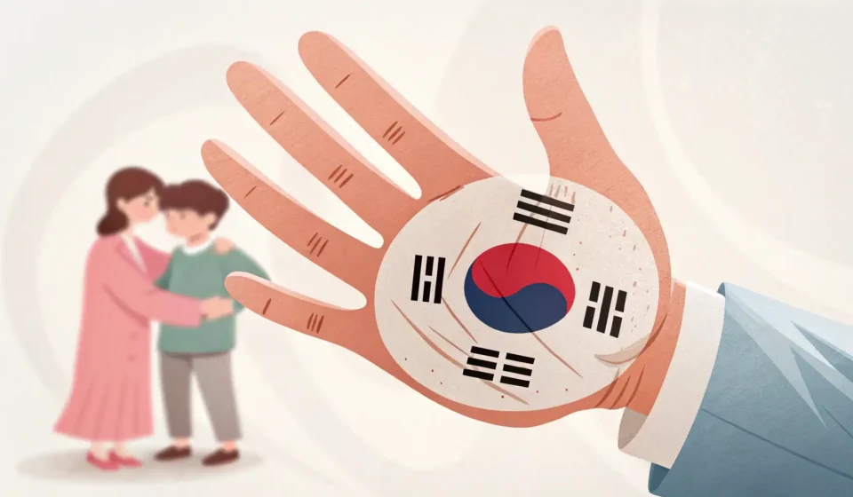 Explaining Safety Rules: Why You Can’t Climb Kitchen Cabinets in Korean Illustration of a hand gesturing stop in front of a blurred Korean kitchen, symbolizing a parent tea...