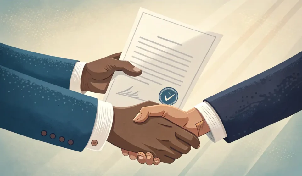 Understanding Korean Labor Contracts Hands exchanging a formal document, symbolizing the signing of a Korean labor contract in a professi...