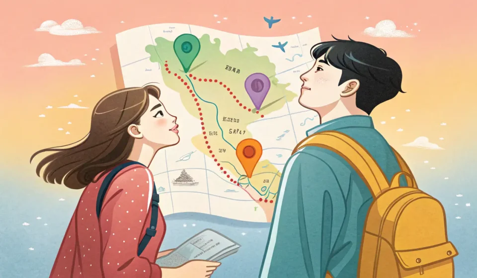 Discussing Weekend Lake Getaways in Korean A Korean couple thoughtfully studies a map displaying two different scenic lake options, representin...