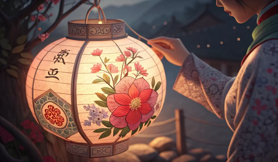 Asking About a Traditional Lantern’s Glow in Korean Hands holding a traditional Korean paper lantern emitting a warm glow, suggesting a tourist examinin...