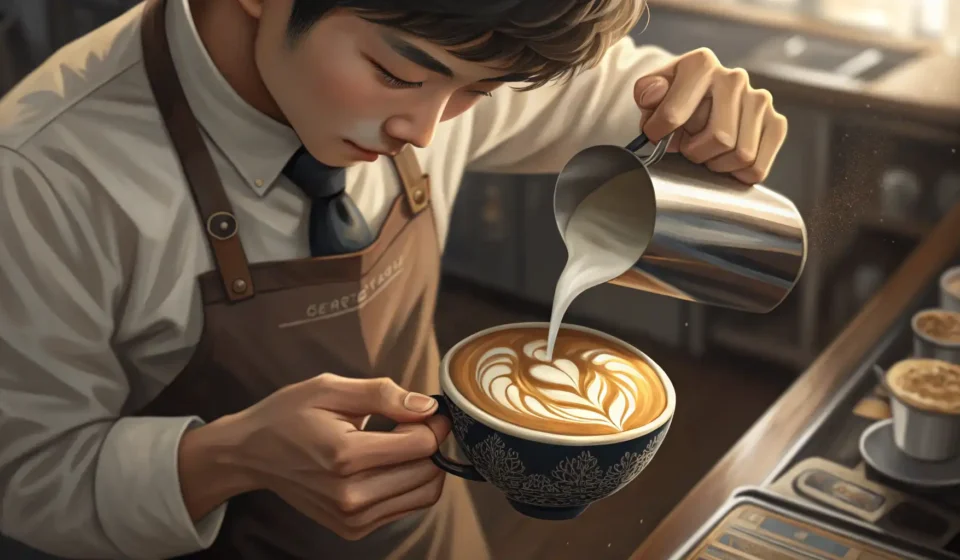 Handling Special Latte Art Requests in Korean Close-up of a Korean barista's hands creating heart-shaped latte art in a coffee cup within a modern...
