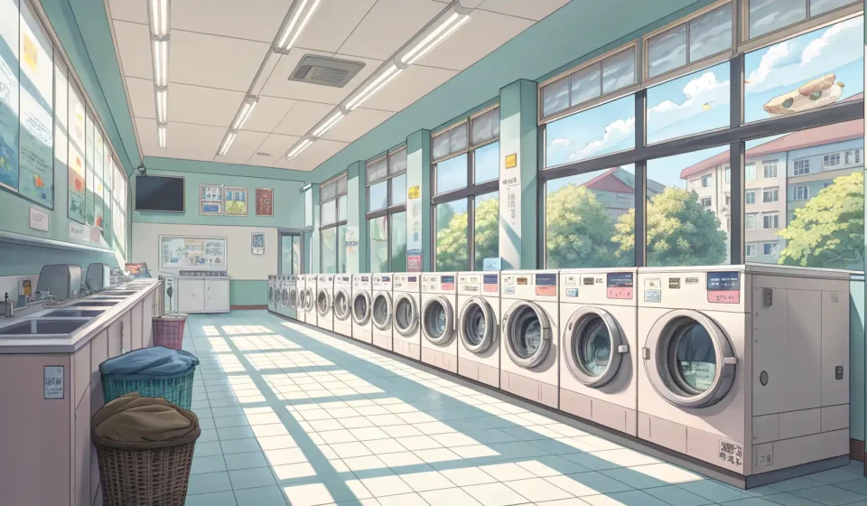 How to Use a Coin Laundromat in Korean Interior of a modern Korean coin laundromat with washing machines and dryers, symbolizing practical...