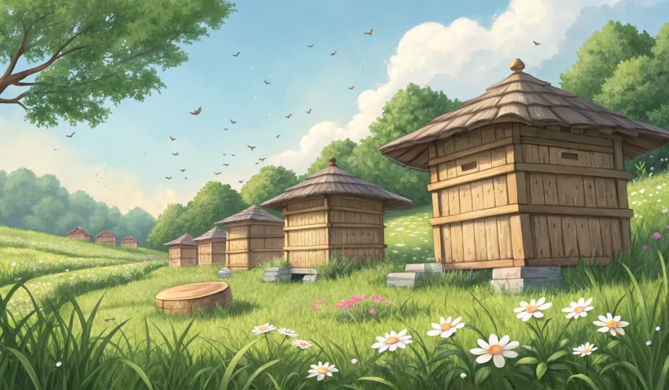 How to Say Beekeeping in Korean Illustration of traditional Korean beehives in a peaceful field, symbolizing the topic of learning t...