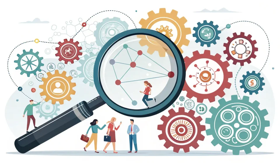 How to Say Job Analysis in Korean Conceptual image for learning Korean business terms: a magnifying glass analyzing abstract organizat...