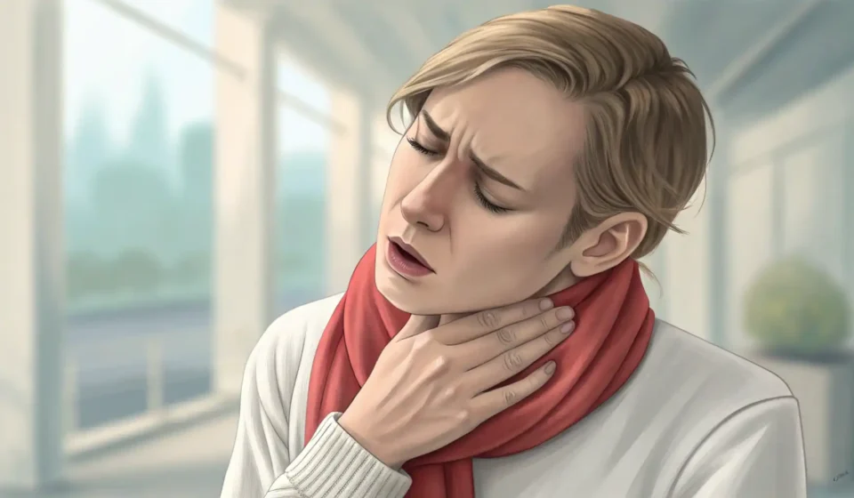 How to Talk About Tonsillitis in Korean Illustration of a person experiencing throat pain, representing the Korean learning topic of how to...
