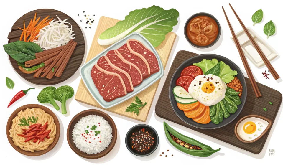 How to Say Vacuum Packing in Korean Stylized illustration of fresh Korean foods neatly arranged, symbolizing food preservation and learn...