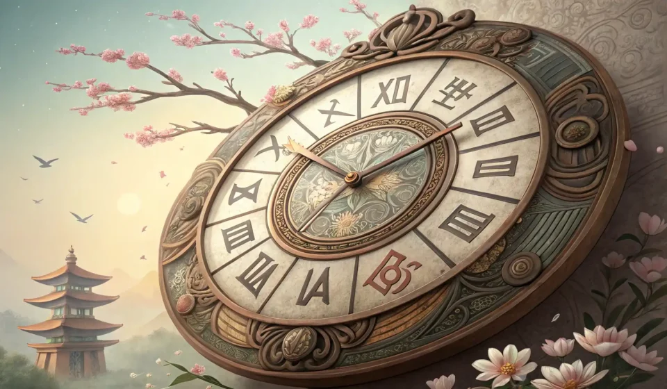 How to Discuss Selling Frozen Time with a Clock Spirit in Korean Stylized antique Korean clock face with glowing, fractured hands, symbolizing learning abstract conc...