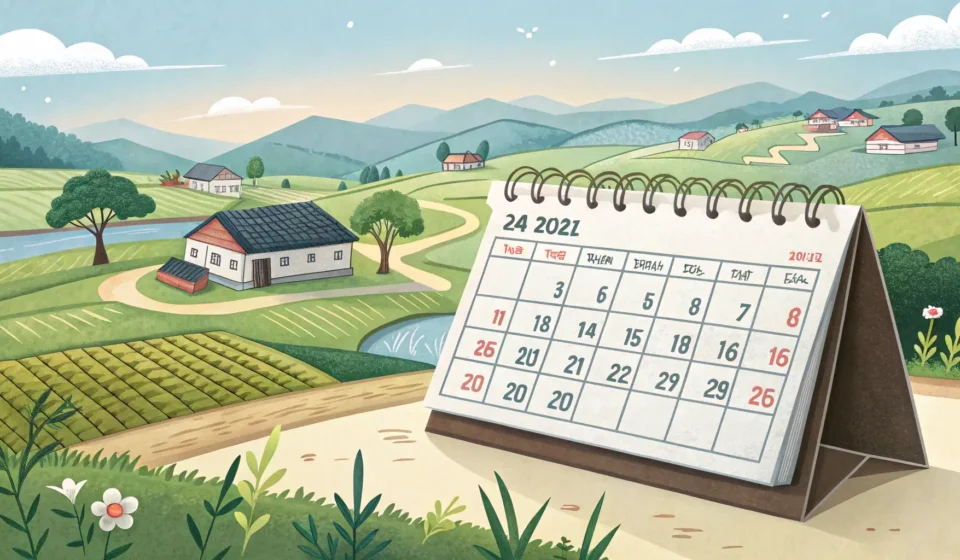 How to Say Annual Leave in Korean Desk calendar merging into a peaceful Korean beach scene, representing taking annual leave (yeon-cha...