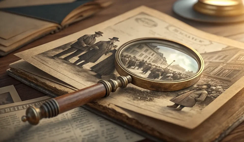 How to Ask a Librarian About a Rare Photo in the Archives in Korean Magnifying glass examining an old sepia photograph of a historical Korean landmark, symbolizing sear...