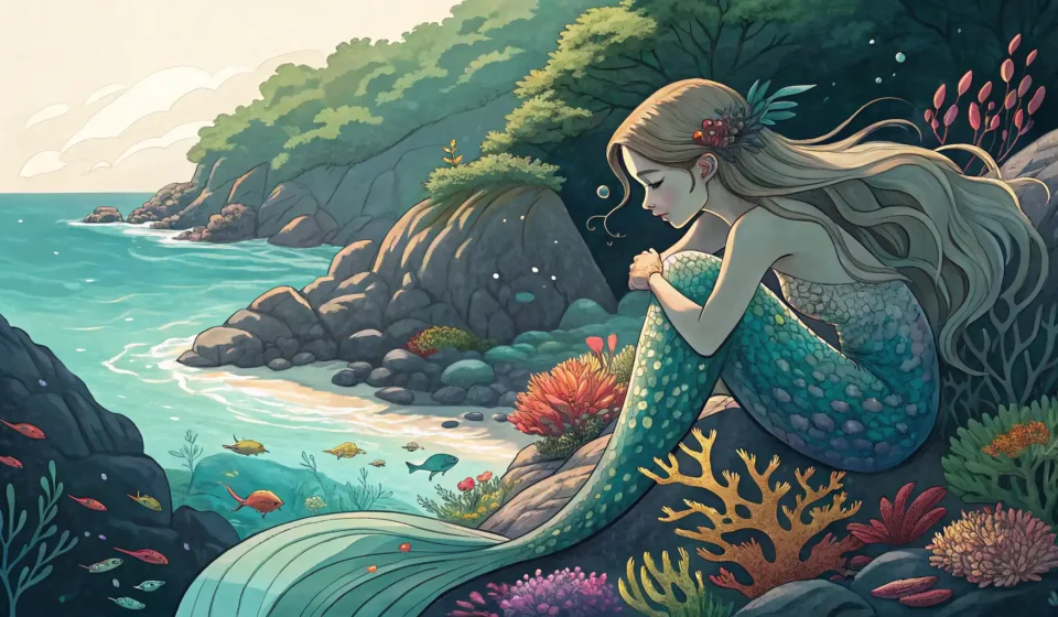 Expressing Complex Artistic Concepts in Korean: Mermaid Sculptor Example Stylized mermaid beside a glowing Korean tide pool, symbolizing artistic concepts in Korean language...