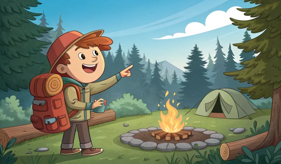 How to Ask About Campfire Spots in Korean A camper asking a park volunteer about using a designated campfire spot in a Korean park setting, re...