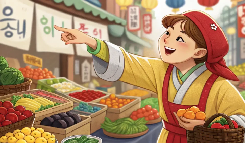 Asking About Traditional Drink Recipes in Korean A smiling Korean market vendor showcasing traditional Korean drinks, representing a tourist learning...