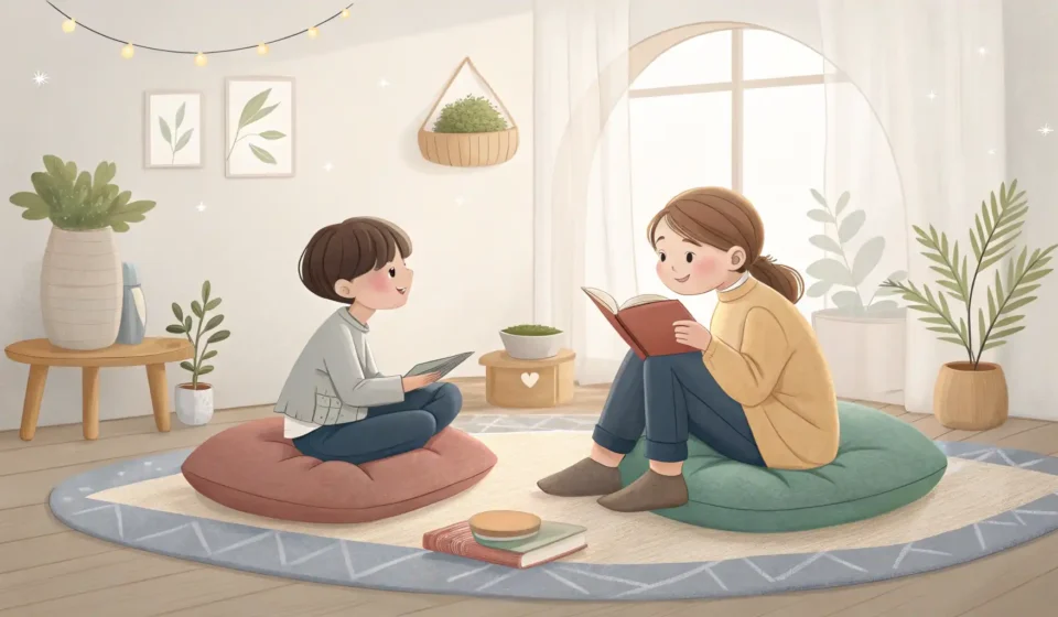 Asking a Friend for Help with a Philosophy Paper in Korean Two friends studying together in a cozy Korean-style room, symbolizing asking for help with studies...