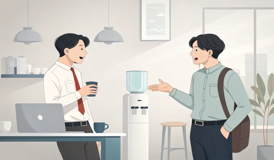 Asking About a Lost Charger at Work in Korean Illustration of two Korean colleagues in an office break room, one politely asking the other about s...