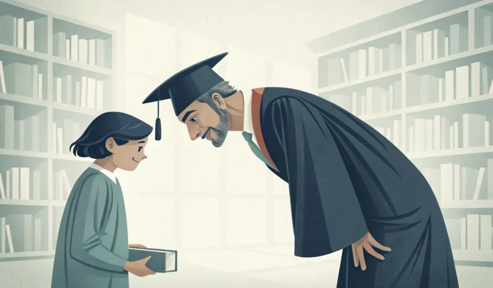 How to Ask a Professor About a Space Exploration Lecture in Korean Stylized illustration of a student respectfully interacting with a professor in a Korean university,...