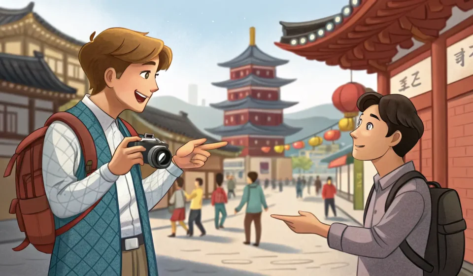 Finding Rare Sunset Views in Korea A tourist asking a local for directions to see a rare and beautiful sunset over a Korean landscape,...