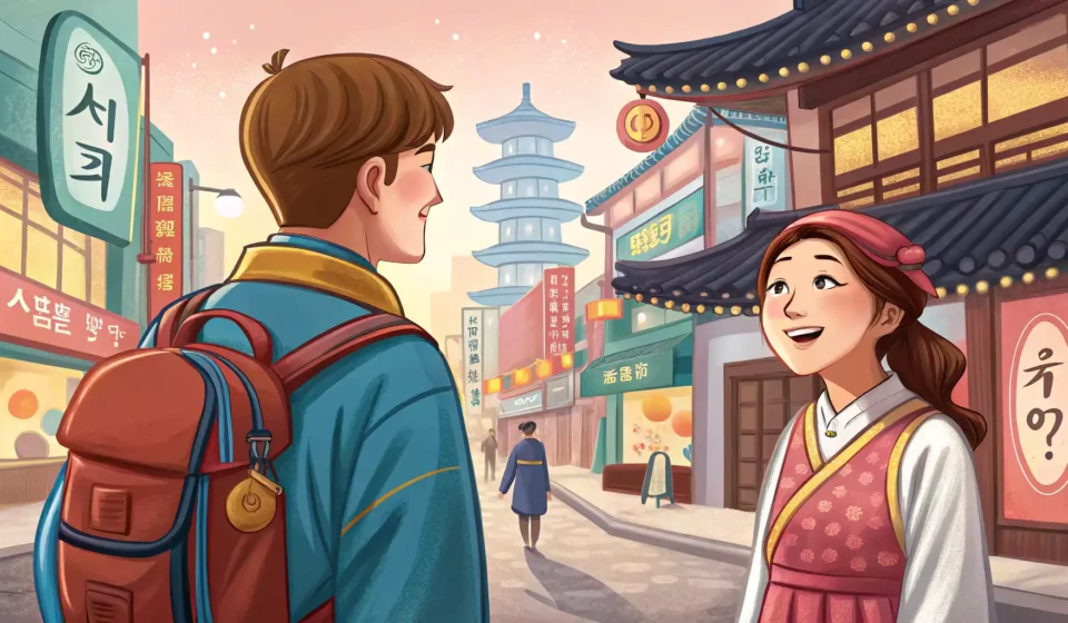 Asking About Famous Castle Ruins in Korean Illustration of a tourist asking a Korean guide about nearby ancient Korean castle ruins, representi...