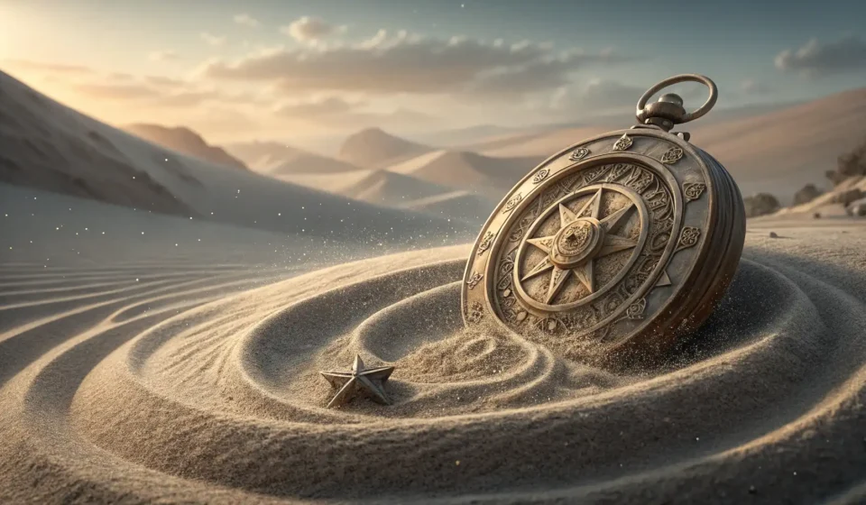 How to Ask a Sand Worm to Map a Burrowing Trail in Korean An antique Korean Yundo compass on desert sand, symbolizing finding direction and mapping, relevant...
