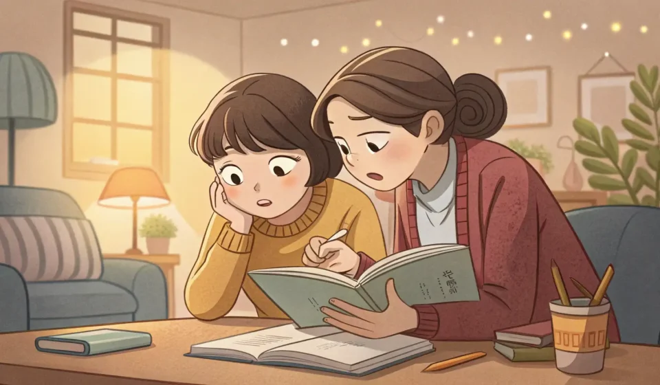 Asking a Friend for Help with a Tricky History Quiz Two Korean friends studying at home, one looking puzzled over a history quiz while the other offers...