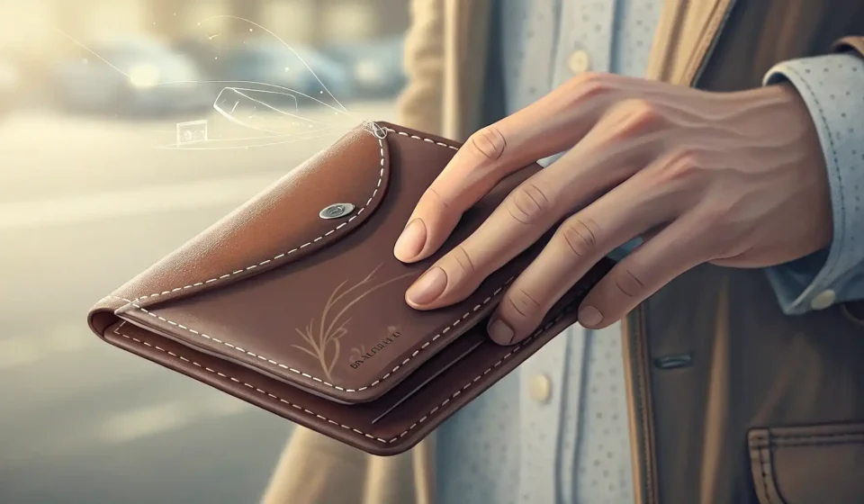Asking About Leather in Handmade Goods in Korean A close-up image showing hands examining a handmade leather wallet at a traditional Korean market st...