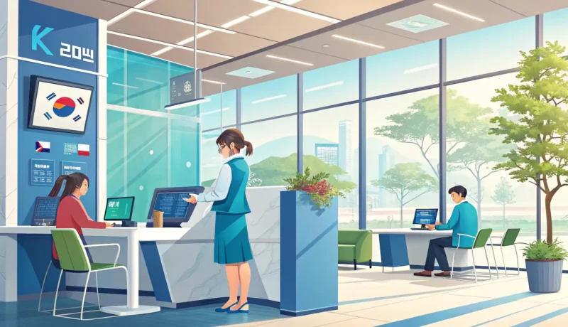 Opening a Bank Account in Korean A customer interacting with a friendly teller at a counter inside a modern Korean bank, representing...