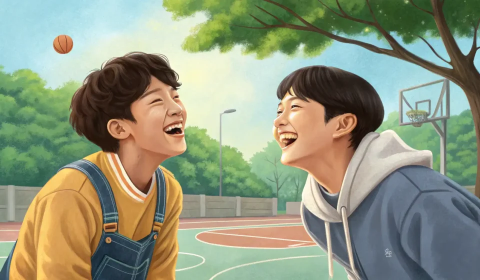 Teasing a Friend About a Bad Basketball Shot in Korean Two young Korean friends laughing together on an outdoor basketball court at sunset, capturing a mom...