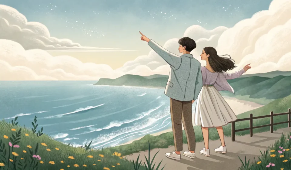 Debating Which Beach to Visit in Korean Illustration of a Korean couple debating which beach to visit, pointing towards two different Korean...