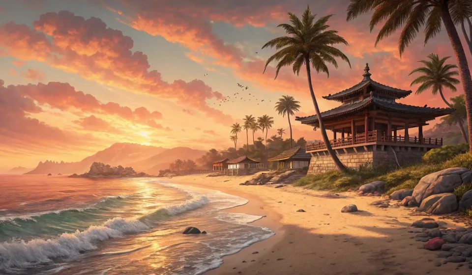 How to Discuss Choosing a Beach for a Sunset Walk in Korean Silhouettes of a couple enjoying a vibrant sunset on a serene Korean beach, symbolizing a Korean lan...