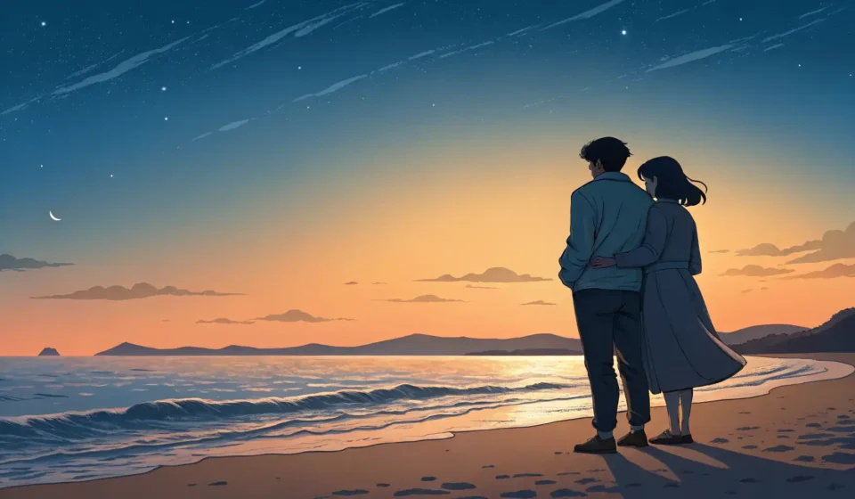 Discussing Weekend Plans: Choosing a Beach for a Sunset Walk in Korean Silhouette of a couple contemplating a vibrant sunset on a Korean beach, symbolizing choosing a loca...