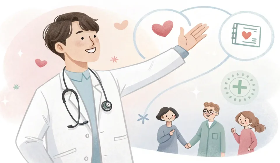Understanding Bile Duct Cancer in Korean Stylized illustration of a Korean doctor pointing to a simplified diagram of the bile duct system, s...