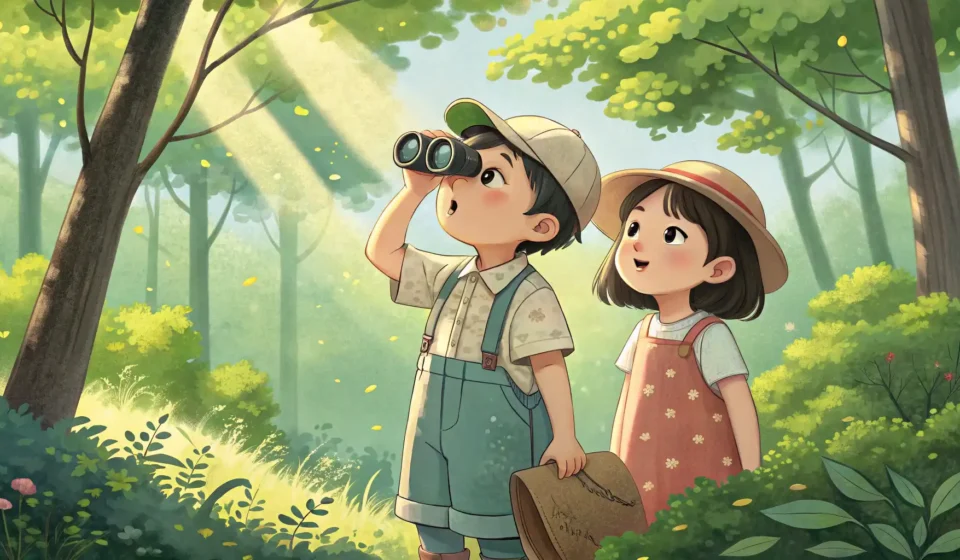 Negotiating Binoculars: Sibling Talk in Korean Young Korean brother and sister playfully negotiating over who gets to use binoculars first while bi...