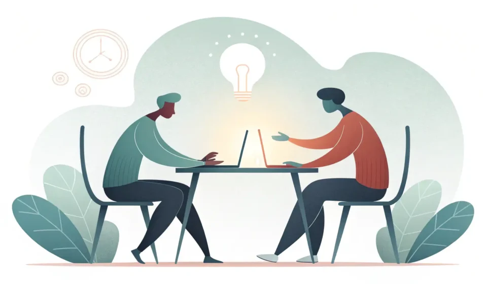How to Ask a Colleague to Brainstorm Pitch Ideas in Korean Minimalist illustration showing two abstract figures collaborating over a table, generating a bright...