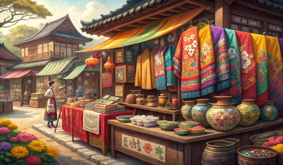Asking for a Bulk Discount in Korean A vibrant stall in a traditional Korean market, piled high with colorful goods, representing the con...
