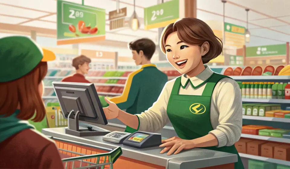 Asking About Bulk Deals in Korean Shopper asking a Korean cashier about a bulk package of paper towels at a supermarket checkout, repr...