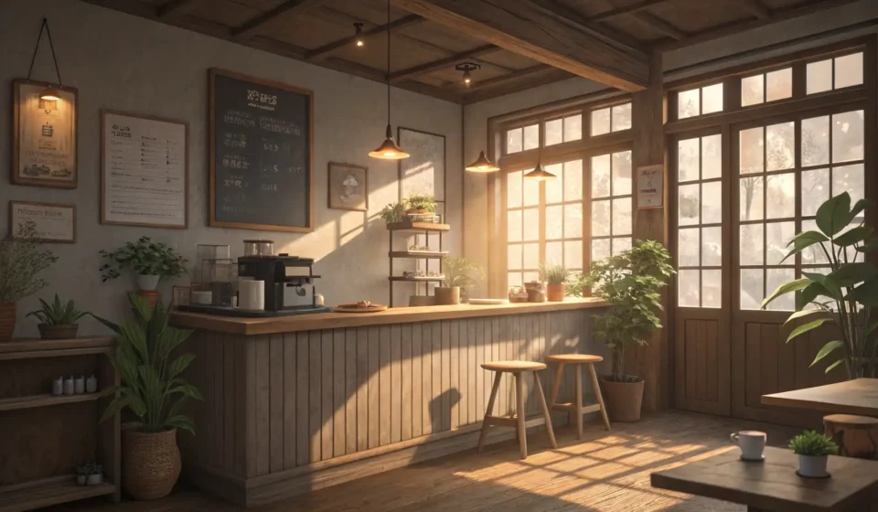 How to Handle Extra Syrup Requests in Korean Cafes Close-up of a steaming latte art coffee cup and a glass syrup dispenser on a wooden counter in a coz...