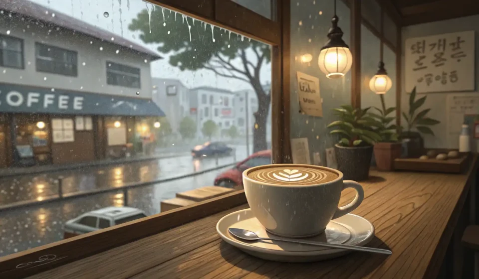 Barista Recommending a Latte on a Rainy Day in Korean A steaming latte sits on a wooden table inside a cozy cafe, with rain visible through the window, re...