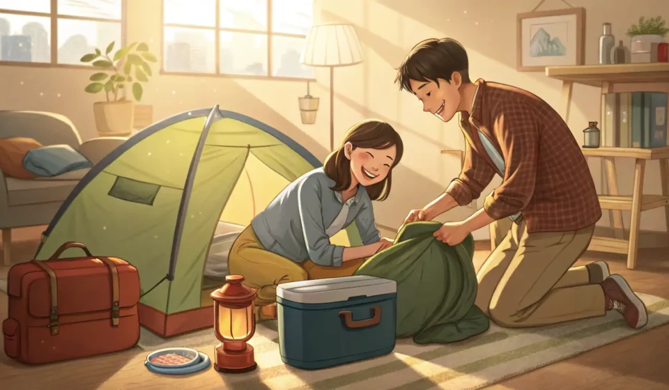 Planning a Camping Trip in Korean A couple packs camping gear like a tent and cooler in a garage, illustrating the Korean learning top...