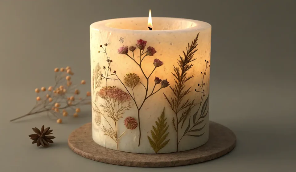 How to Ask About a Candle’s Scent in Korean A close-up view of an artisanal handmade candle displayed on a rustic wooden surface, evoking a Kore...