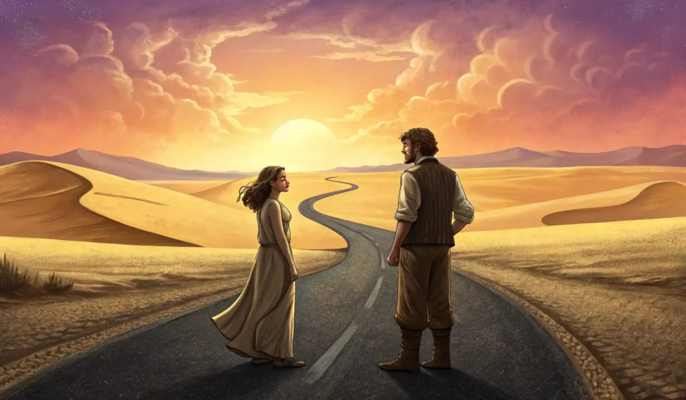 How to Discuss Canyon Choices on a Desert Road Trip in Korean Illustration of a couple deciding between two diverging paths leading to different canyons in a dese...