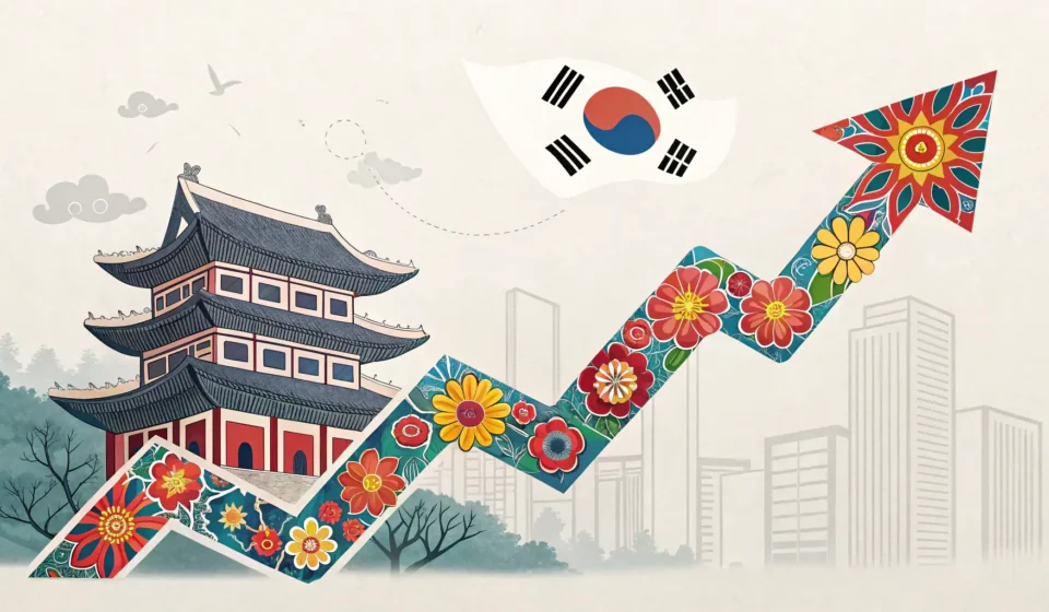 How to Say Capital Gains Tax in Korean Thumbnail for Korean lesson on capital gains tax: Stylized graph with Korean patterns trends upward...
