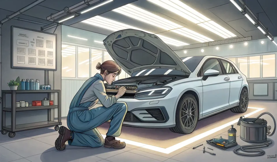 How to Request Car Repairs in Korean Illustration of a car being examined by a mechanic in an auto repair shop, representing learning Kor...