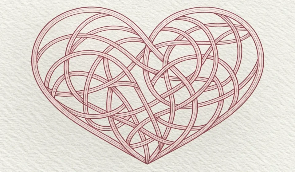 How to Say Psychogenic Chest Pain in Korean Stylized heart made of Korean knots, symbolizing chest tightness or psychogenic chest pain, for a Ko...