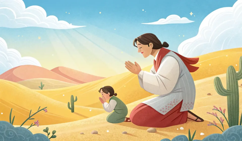 How to Convince a Child to Wear Sunglasses in Korean (Desert Trip Scenario) Illustration of a Korean parent offering sunglasses to a young child in a sunny desert setting, repr...