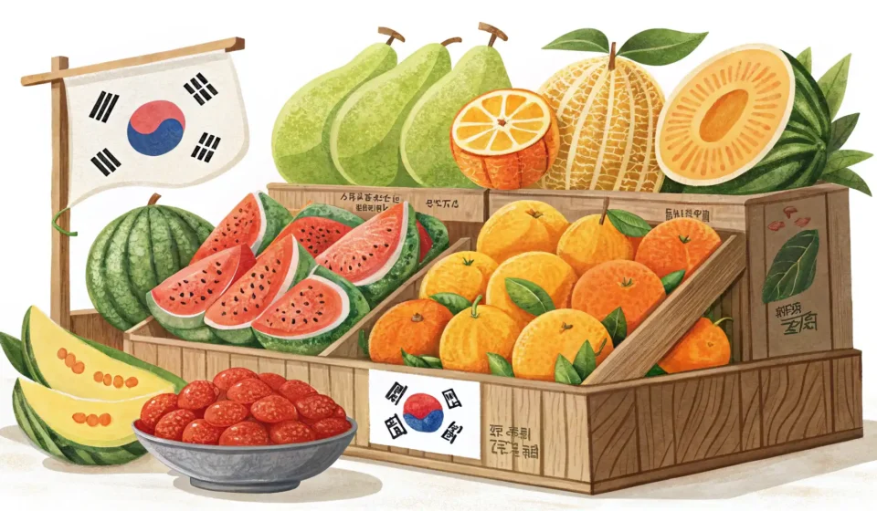 Choosing Fruit at a Korean Mart Assortment of fresh Korean fruits, including pears and tangerines, displayed attractively in a Korea...
