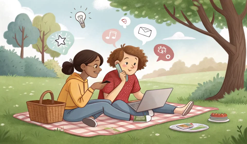 Discussing Weekend Picnic Plans in Korean Illustration of two friends contemplating different Korean park icons for a picnic destination.